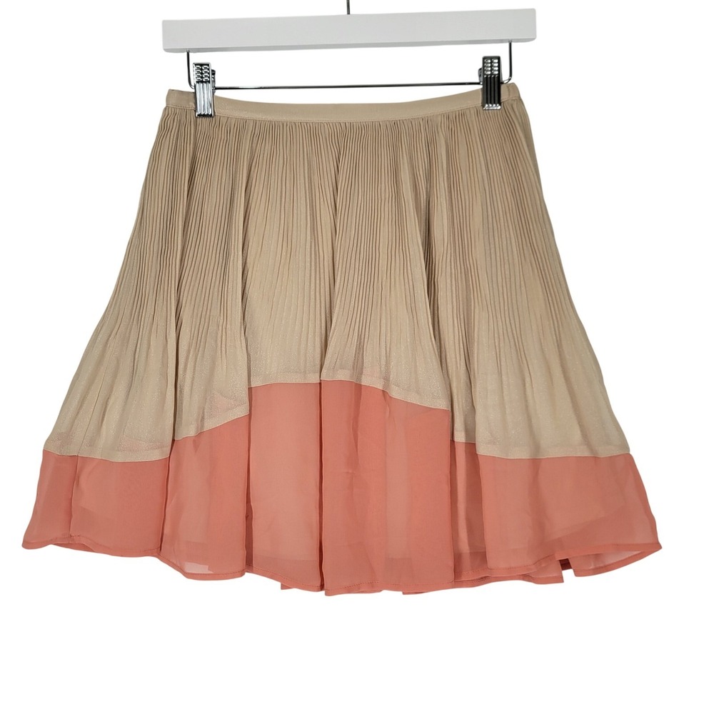 Lauren Conrad Pleated Mini Skirt Beige Coral Sheer Overlay Elastic Waist XS